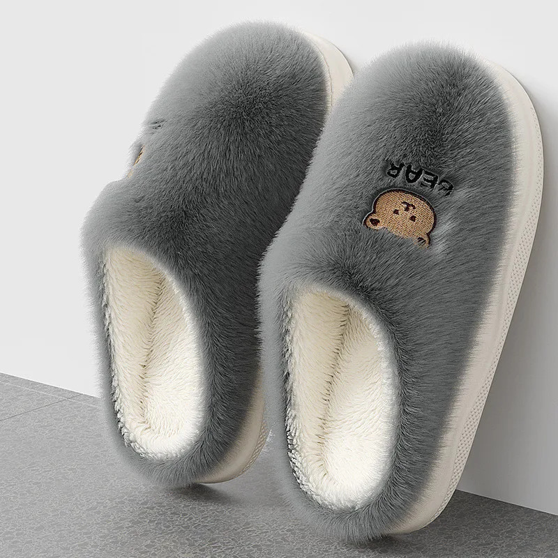 Couple winter family slider womens shoes cute cartoon bear fur leather shoes mens warm plush slider 241031