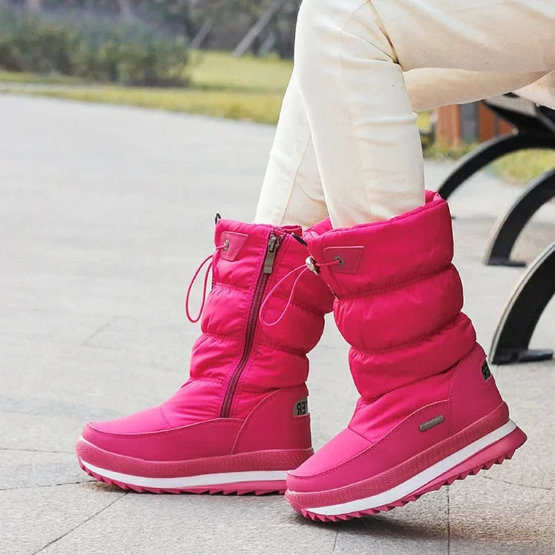 White Women Winter Shoes Warm Plush Mid-calf Waterproof Rubber Non-slip Platform Snow Boots Female Plus Size 42