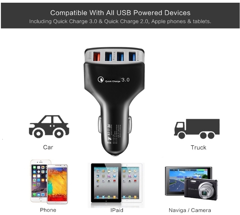 New Quick Charge QC 3.0 4 Ports Fast Phone Phone Car USB Charger