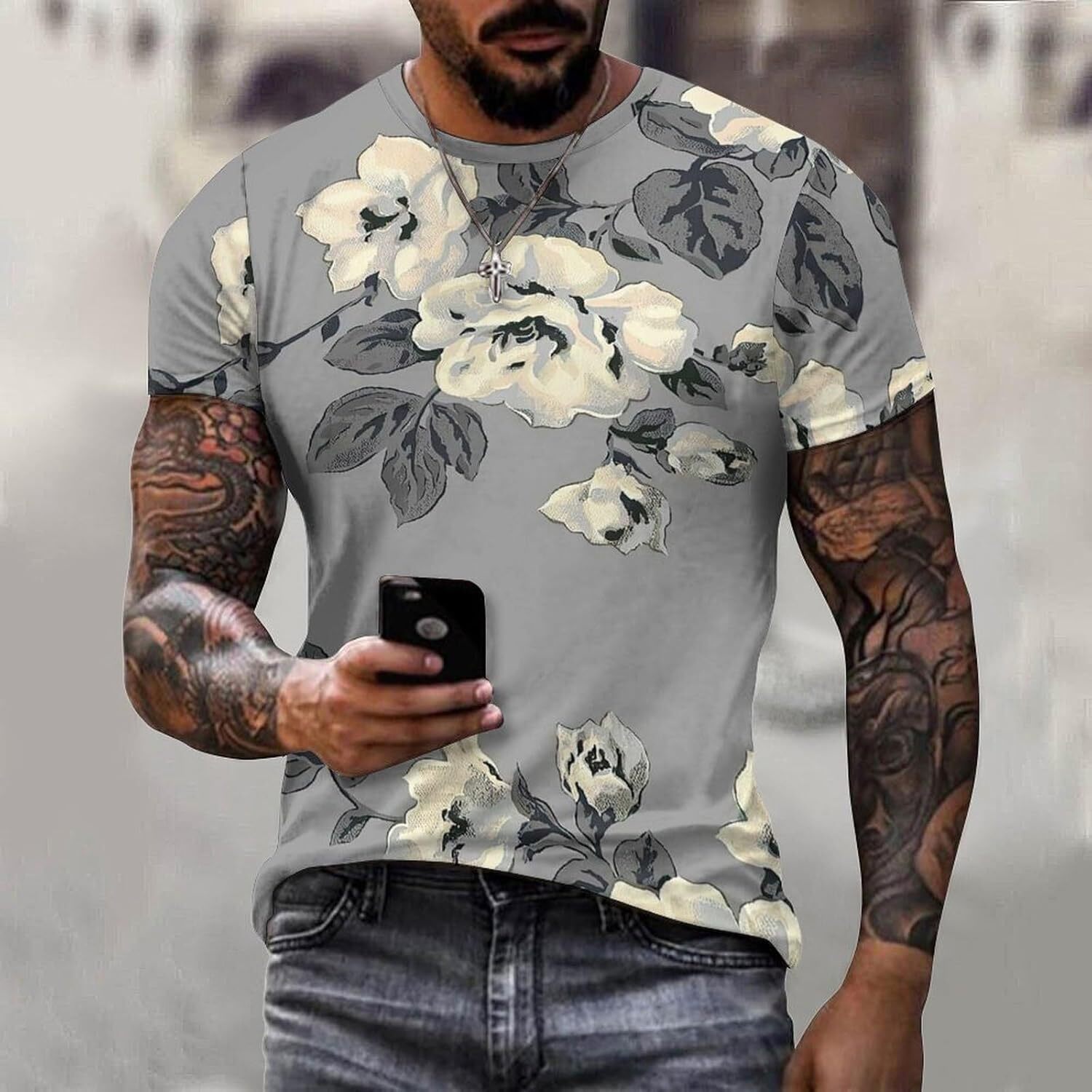 Mens T shirt Summer Rose Flower Pattern Cotton T-Shirt 3D Printed Casual Shirt Men's Crew Neck T-Shirt tee Casual tops summer clothes