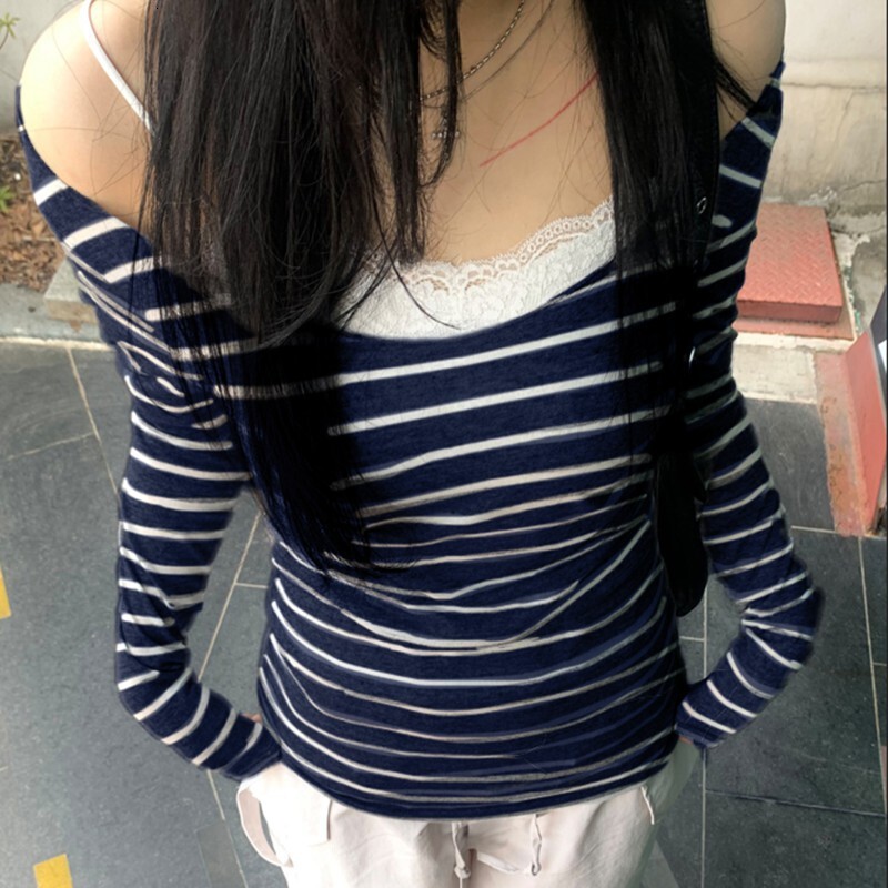 Designer 2024 casual one shoulder long sleeved striped T-shirt for women in spring and autumn Y2K street slim fit personalized base top