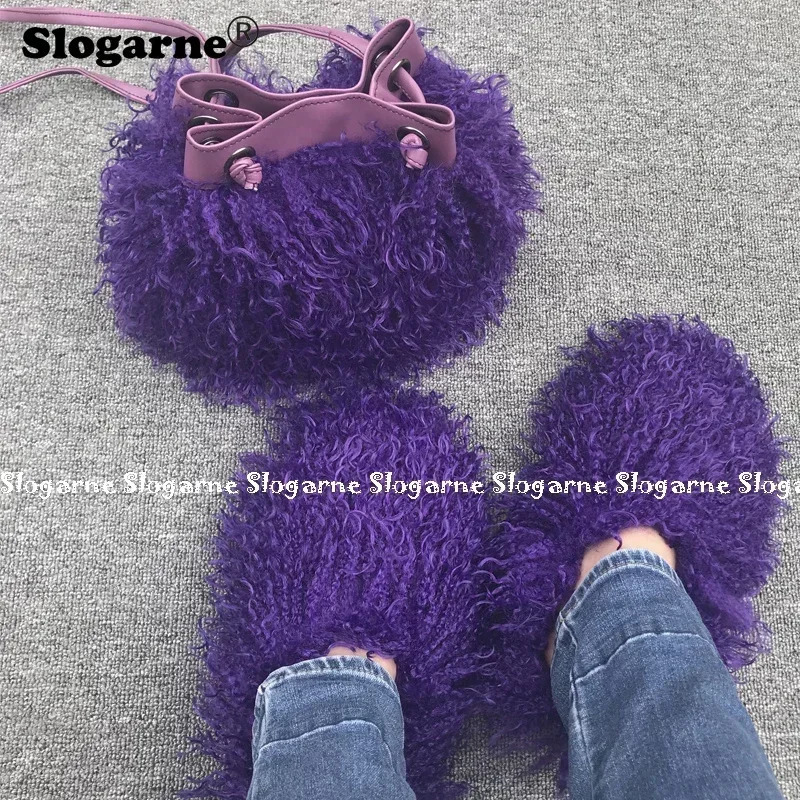 Womens fashion set fur slider fur handbag womens faux fur set fur leather bag wallet indoor shoes Plus size 49 241031