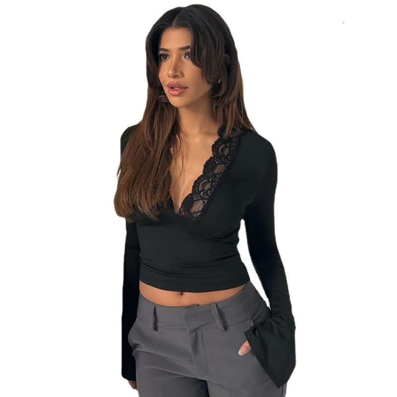 Designer's new explosive sexy lace deep v slim fit flared sleeve T-shirt spicy girls, long sleeved base shirt for women