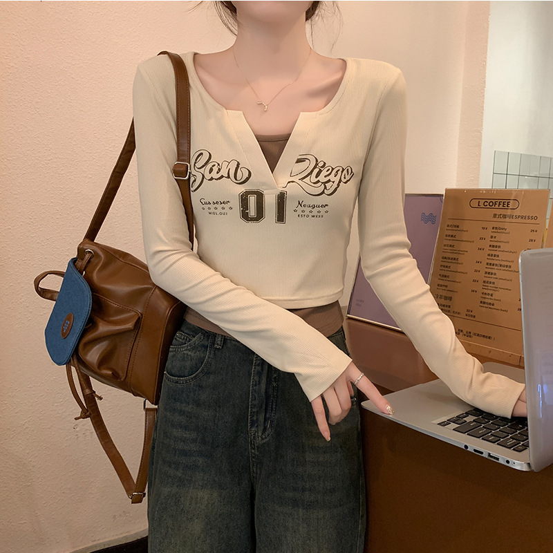 Designer American Printed Fake Two piece Long Sleeve T-shirt for Women 2024 Autumn New Women's Wear Slim Fit Bottom Inner Top