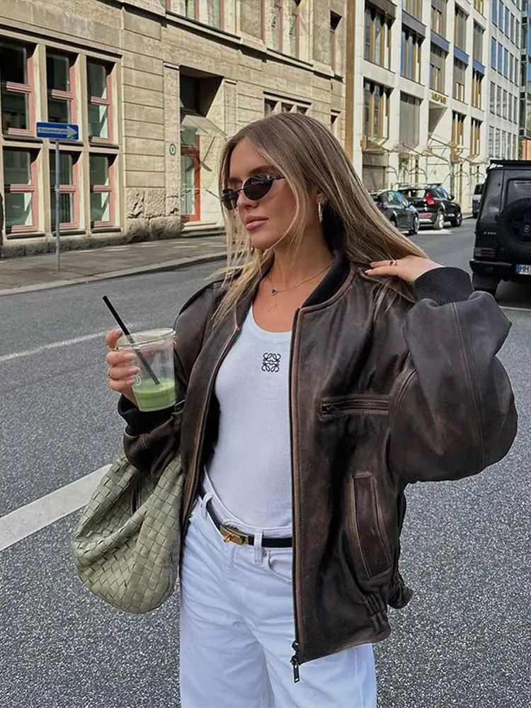 Women Fashion Solid Round Neck Zipper Jacket Elegant Long Sleeves Pocket Loose Coat 2024 Autumn Female Commuting Streetwear 241030