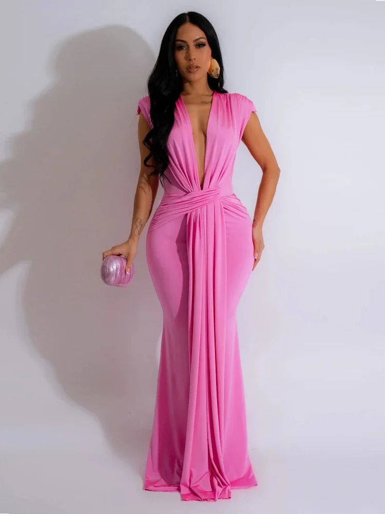 Elegant Ruched Bodycon Maxi Dresses for Women Birthday Night Party Evening Prom Deep V-neck Sheath Celebrity Formal Long Dress 241030
