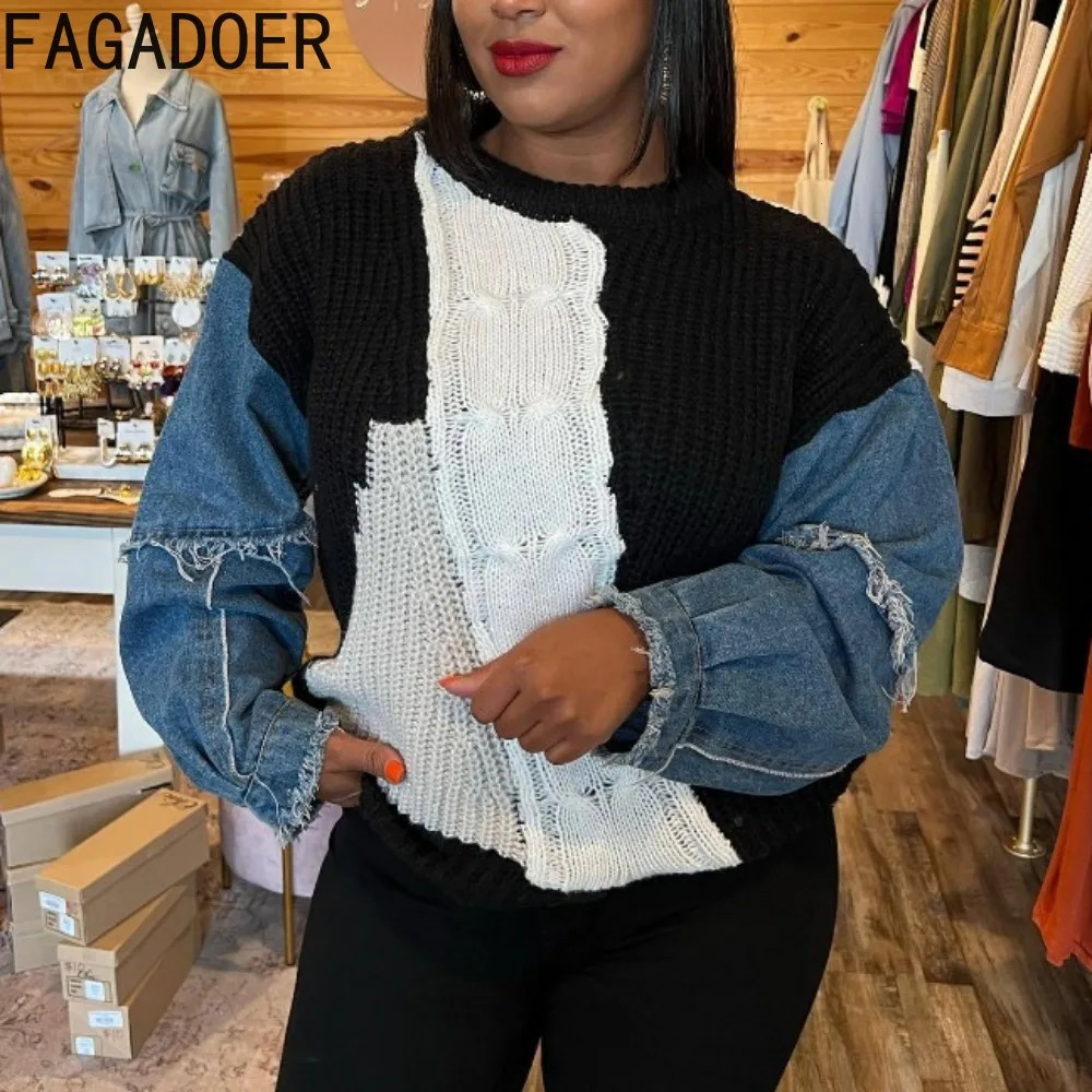FAGADOER Autumn Knitted Sweater Splicing Denim Pulling Flower Womens Round Neck Long Sleeve Loose Top Womens Street Clothing 241025