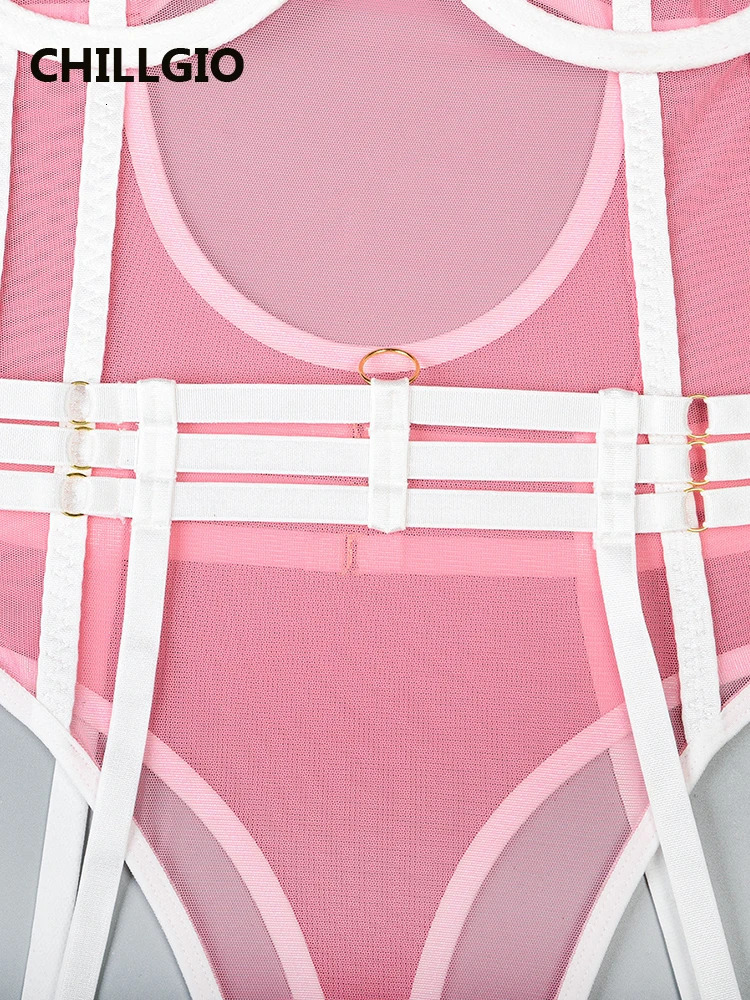 CHILLGIO Women Sexy Transparent Mesh Rompers Erotic One Piece Catsuits Ins Sleepwear Fashion Combination Tight Strappy Bodysuits 241031