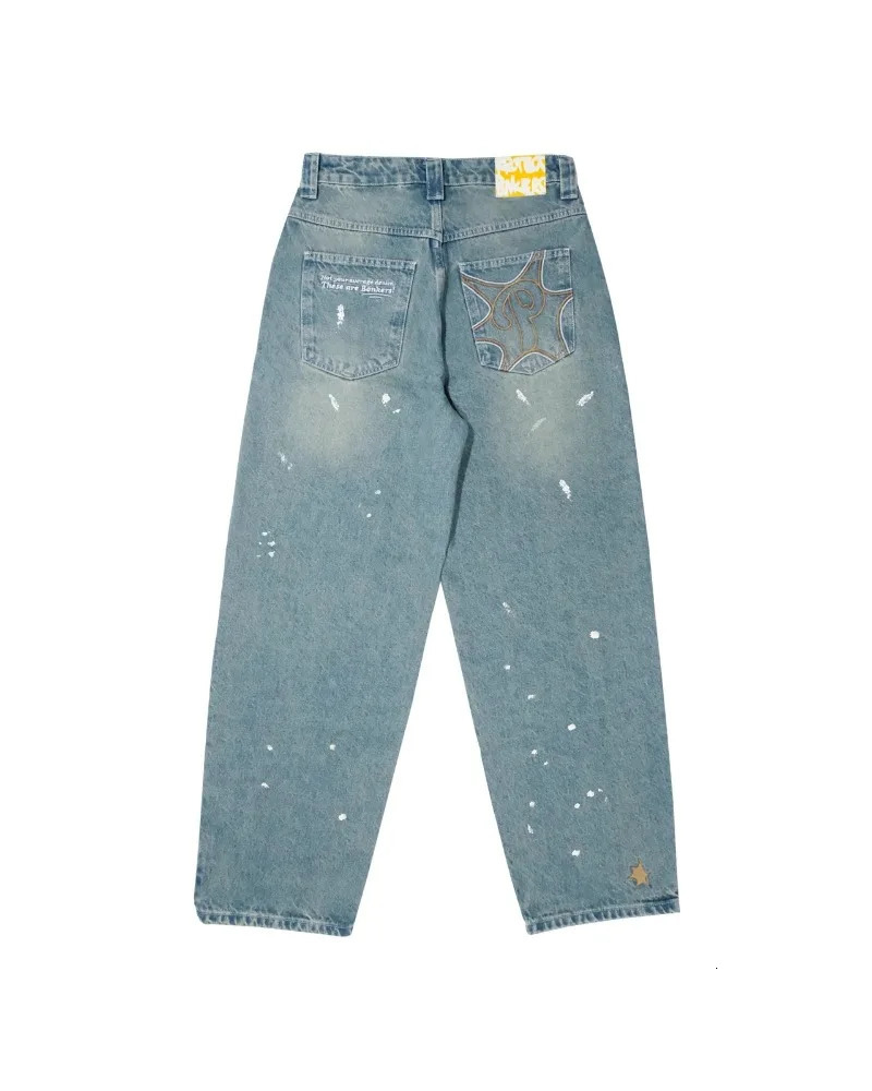 Streetwear protective jeans Y2K mens pants Harajuku hip-hop letter embroidery retro blue pocket jeans high waist wide leg Trouser 241031