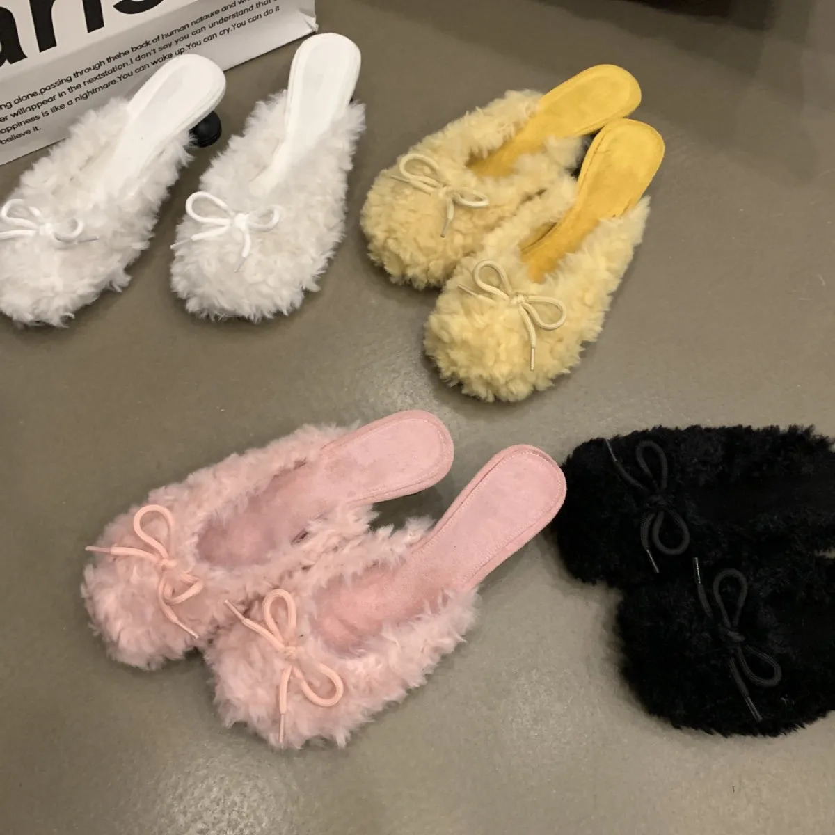 Sliding casual shoes for women pink sliding light bow Med Cover Toe fur flip Pantofle plush bow 241031