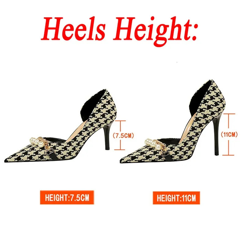 Women 7.5cm 11cm High Heels Pumps Sexy Pointed Toe Bigtree Heels Lady Pearl Metal Chain Scarpins Stiletto Zebra Plaid Shoes 241030