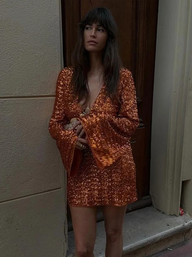 Deep V-neck Sequin Short Dress Sexy Elastic Gown Formal Shiny Womens Fashion Slim Fit Retro Summer Long Sleeved Evening Dresses 241031