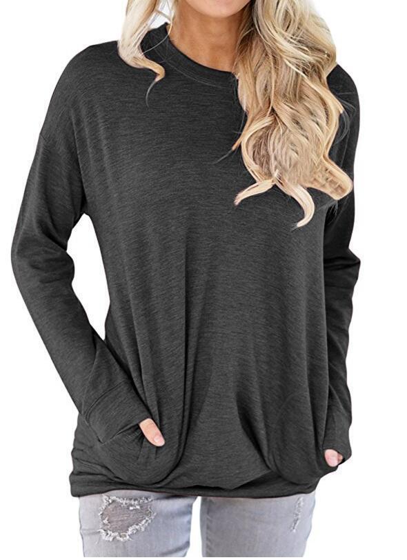 Designer's Autumn New Round Neck Bat Long Sleeve Pocket Decorative T-shirt