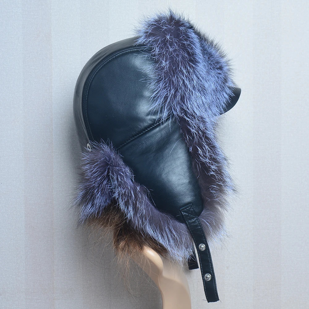 A genuine silver fox fur hat with ear flaps a genuine natural fur hat suitable for Russian womens bomber hats and a trap hat with a genuine leather to
