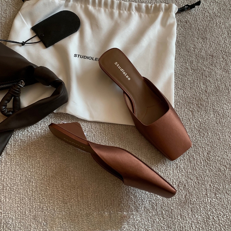 Square Summer Head Shallow Mouth Satins Triangle Slippers Fashion Minimalist Retro Commuting Casual Low Heel Sandals