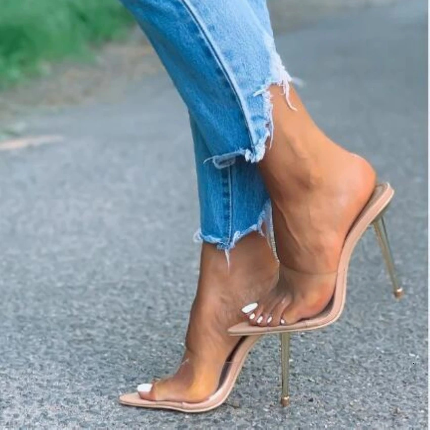 2024 Summer Women Pumps Transparent PVC Slippers Women Pointed Toe Metal Stiletto High Heels Sandals Ladies Mules Shoes 241031