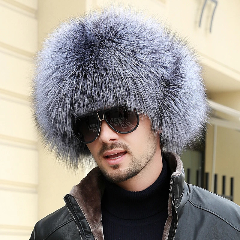 Winter Mens 100% Real Silver Fox Fur Bomber Hat Raccoon Fur Wusanka Hat Catcher Russian Mens Ski Hat Real Leather 241030