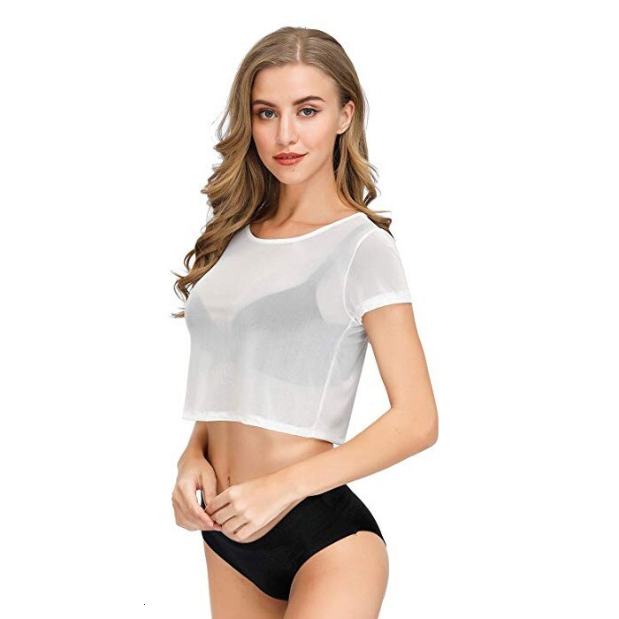 Designer's new mesh tight see through base shirt, sexy and seductive lingerie, sleeved T-shirt, exposed navel short top