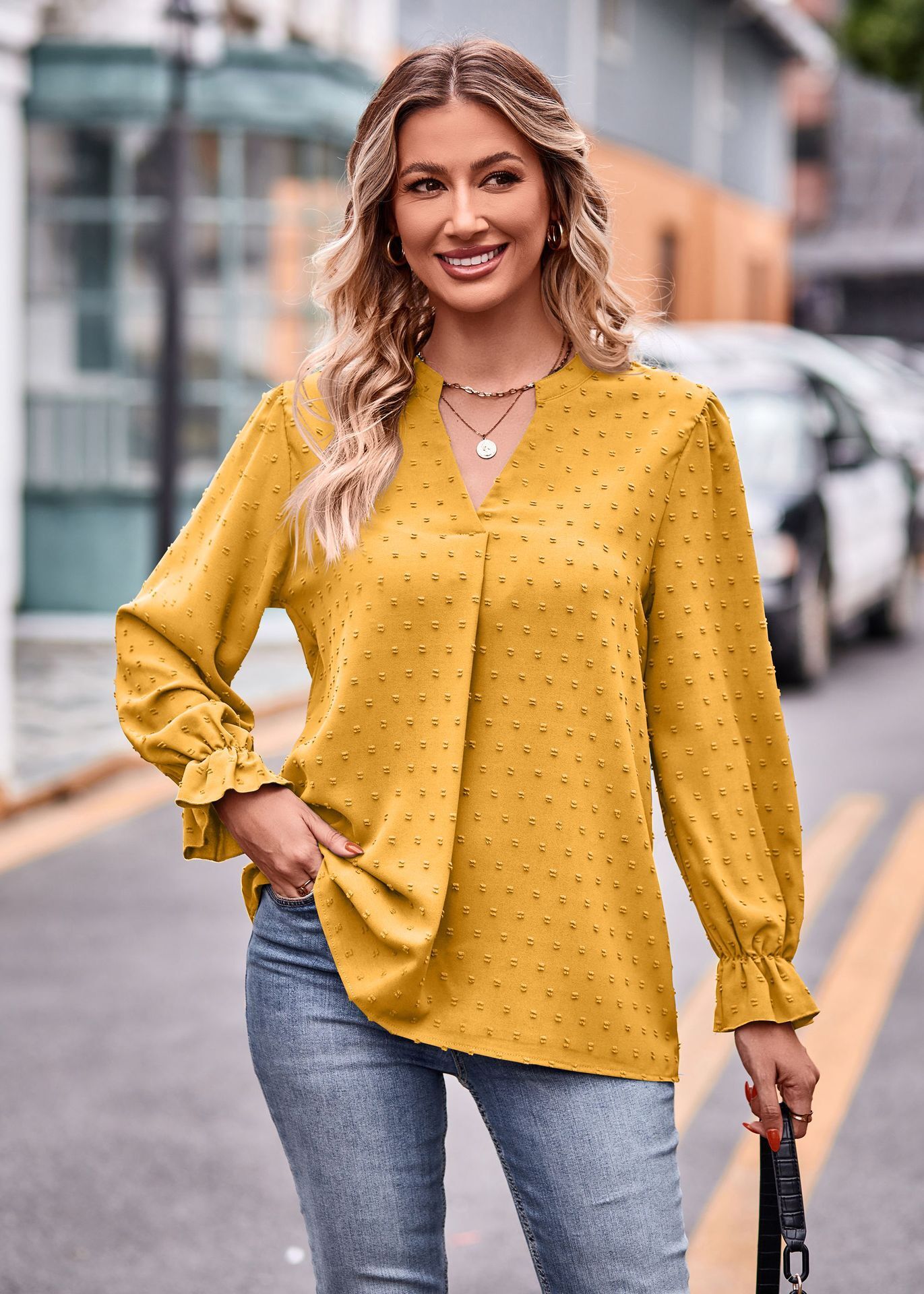 Designer's Autumn New Women's Jacquard T-shirt V-neck Loose Long Umbrella Sleeve Top