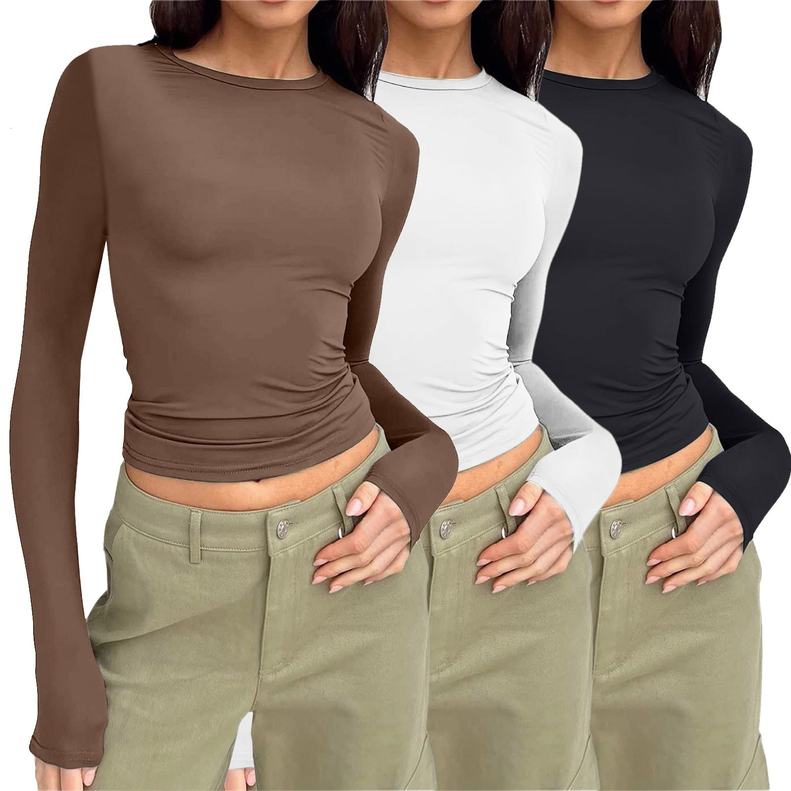 Designer casual long sleeved spring and autumn solid color slim fit pullover T-shirt women's street wear base shirt top three piece set