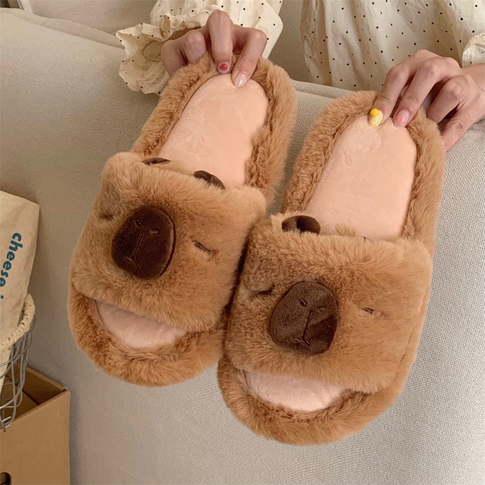 Cute animal slippers for women girls Fashion Kawaii Fluffy winter warm women cartoon fun Capibala shoes