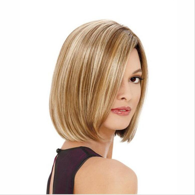 Fashion short hair wig bobo head flax gold dyed short straight hair chemical fiber headpiece