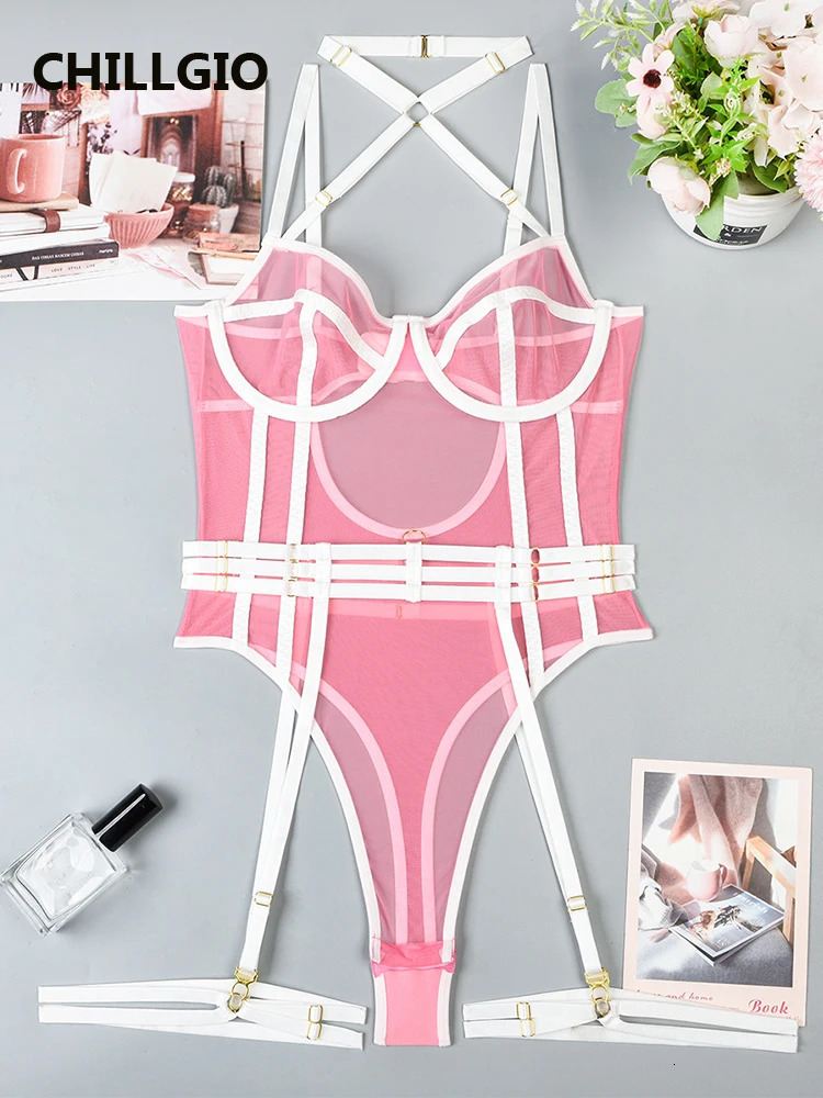 CHILLGIO Women Sexy Transparent Mesh Rompers Erotic One Piece Catsuits Ins Sleepwear Fashion Combination Tight Strappy Bodysuits 241031