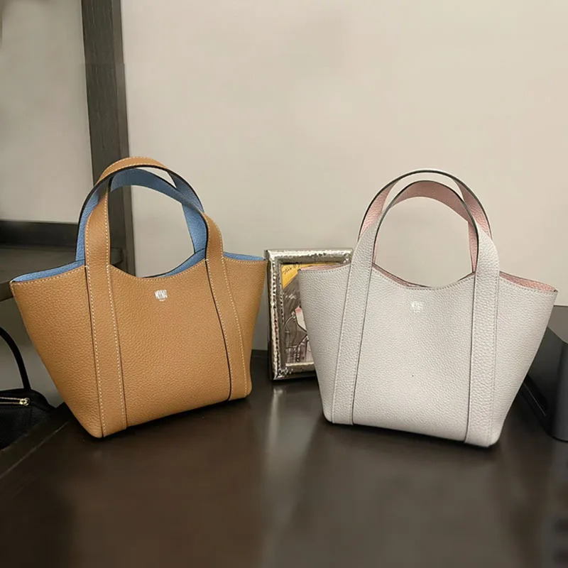 Women's Bucket | Double-Sided Vegetable Basket hot Mon Litchi Grain Cowhide Small Handbag