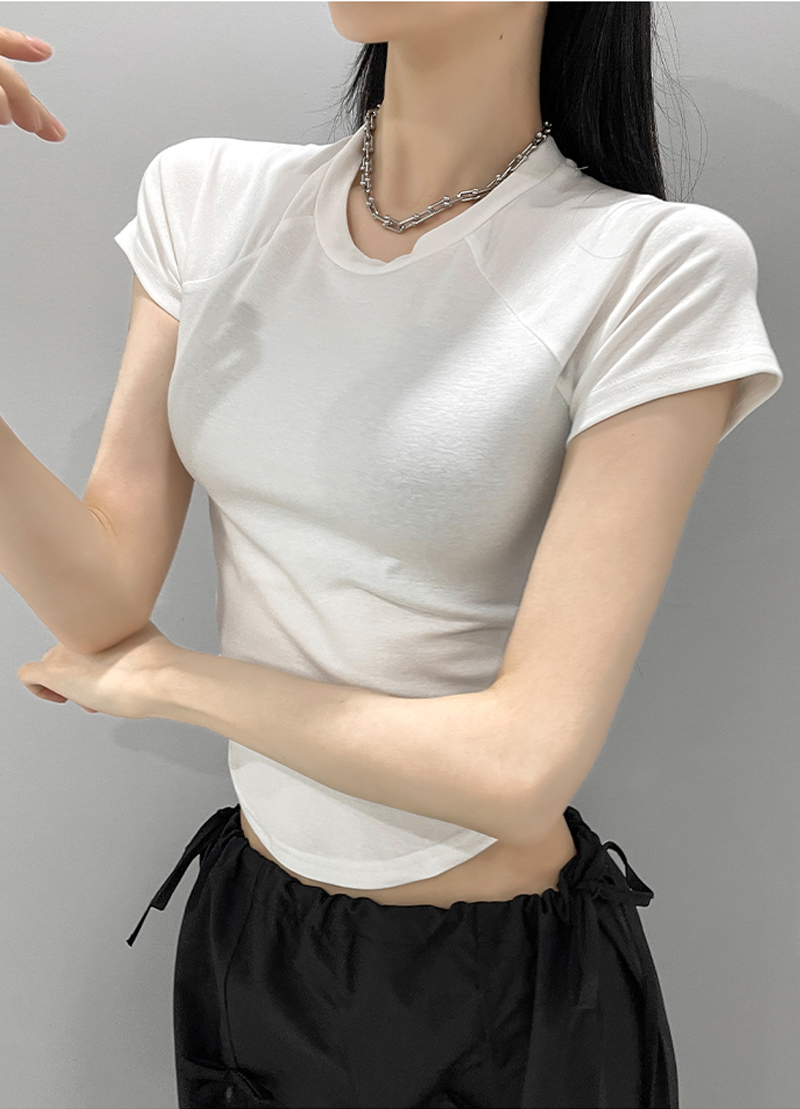 Dynamic girl style positive shoulder small fly sleeve short-sleeved T-shirt female 2024 new solid colour ol spicy girl tops