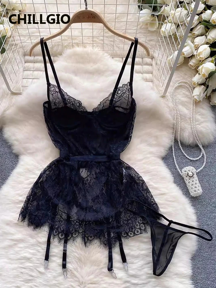 CHILLGIO Women Sexy Transparent Lace Spaghetti Strap Pajamas Dress Push Up Nightie Fashion Erotic Sleepwear Floral Nightgowns 241031