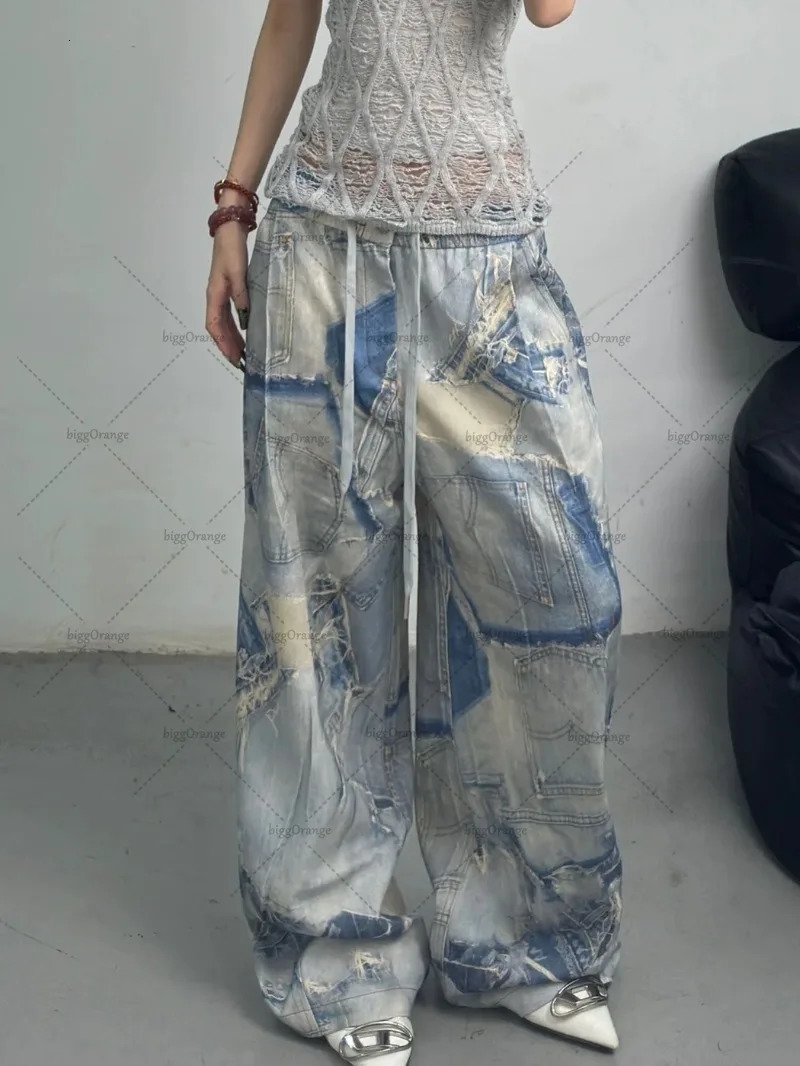 Y2K Harajuku Clothing Women American Street Retro Washed Baggy Jeans Trend Camouflage Distressed Wide-leg Straight Pants 241031