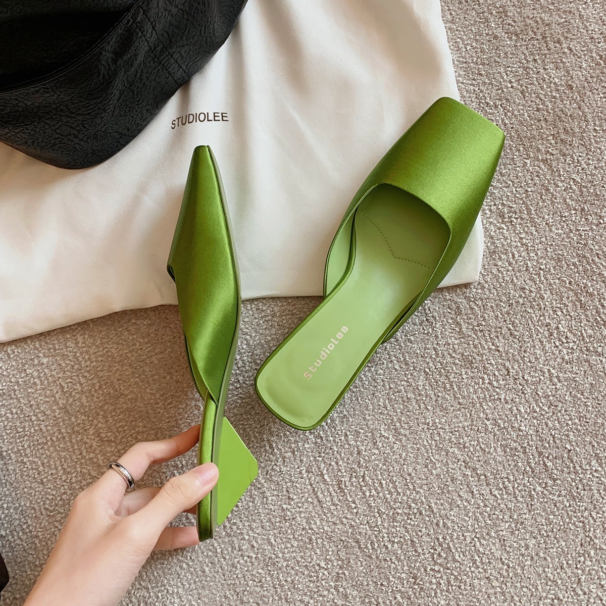 Square Summer Head Shallow Mouth Satins Triangle Slippers Fashion Minimalist Retro Commuting Casual Low Heel Sandals