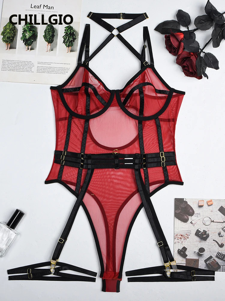 CHILLGIO Women Sexy Transparent Mesh Rompers Erotic One Piece Catsuits Ins Sleepwear Fashion Combination Tight Strappy Bodysuits 241031