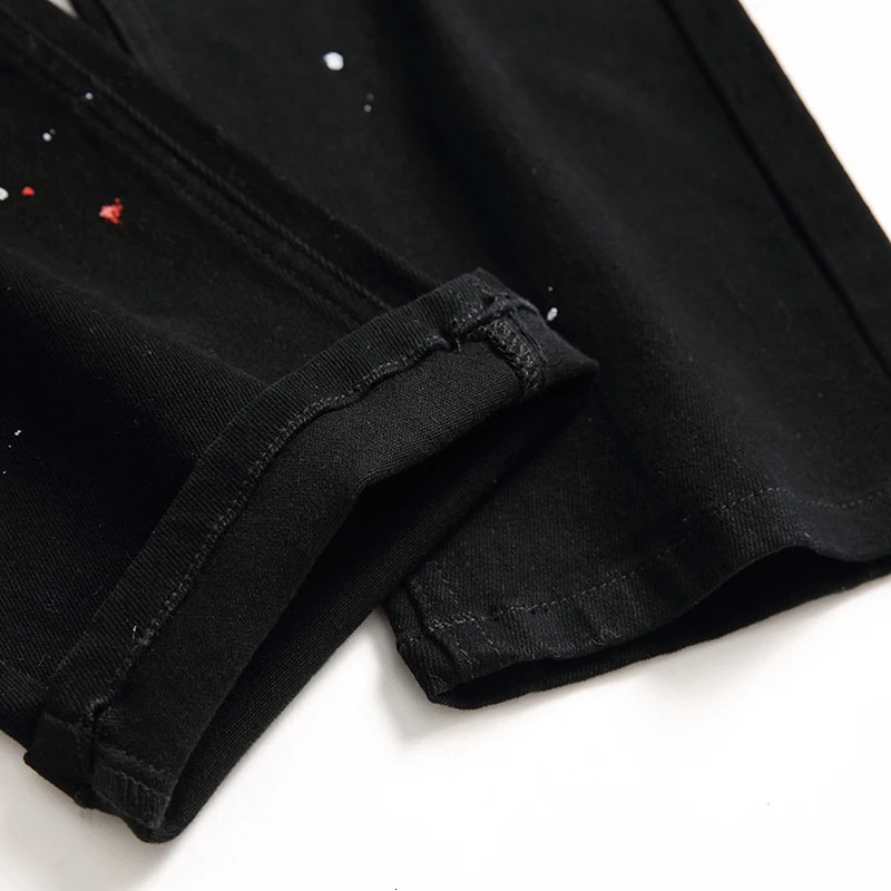Men Denim Jeans Ruined Hole n Lacquer Foot Casual Long Pants Stretch Regular Fit Black Trousers Arrivals 241024