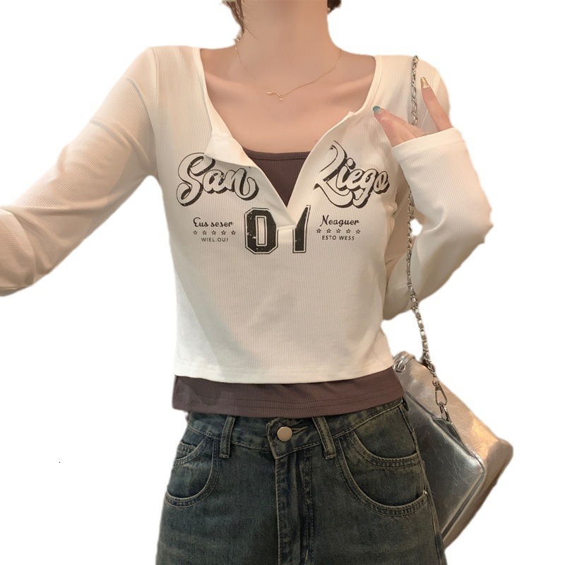 Designer American Printed Fake Two piece Long Sleeve T-shirt for Women 2024 Autumn New Women's Wear Slim Fit Bottom Inner Top