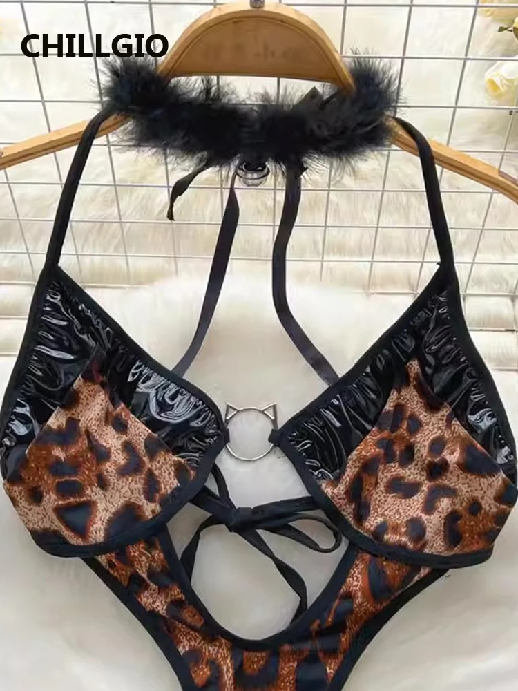 CHILLGIO Women Sexy Leopard Print PU Bodysuits Vintage sweet Rompers Fashion Bodycon One Piece Combination Onesie Lingerie 241031