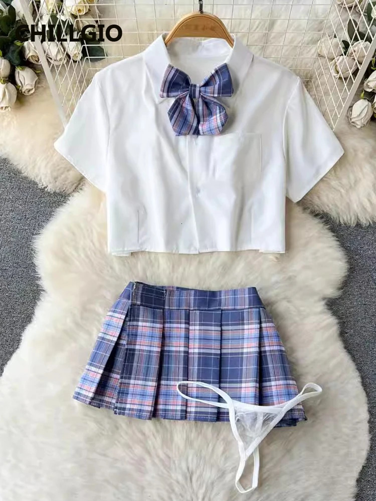 CHILLGIO Women sweet Plaid Pleated Skirts Suits Fashion Preppy Style Bow Tie Short Sleeve Shirt A Line Skirt Sexy Pajamas Set 241031