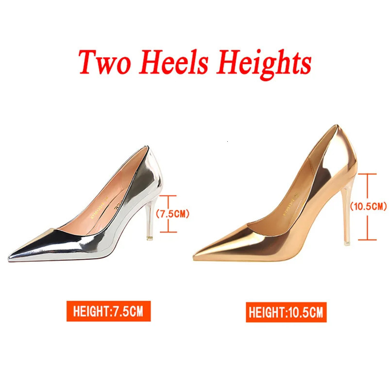 Women Patent Leather Pumps 7.5cm 10.5cm High Heels Lady Stiletto Low Heels Wedding Bridal Mteallic Silver Gold Sparkly Shoes 241031