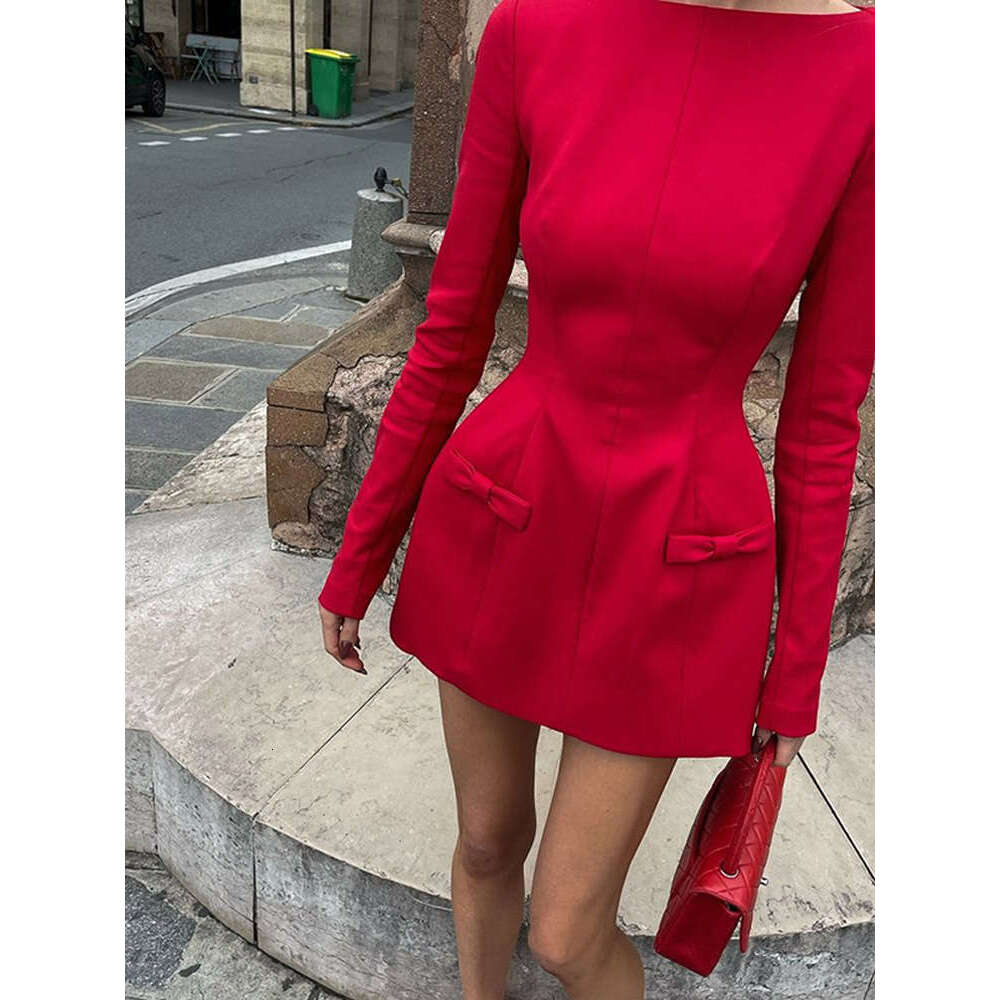 Red Double Bow Round Neck Long Sleeve Mini Dress Slim Fit Waist A-E Vestidos 2024 New Women Autumn High Streetwear Gown