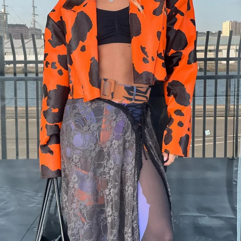 PU Leather Cow Printed Women Crop Jacket Blazer Notched Neck Loose Coat Fall Winter Y2K Streetwear Sexy Night Club Outfits 241031