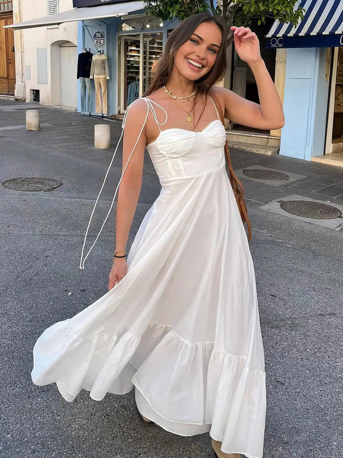 Ashgaily 2024 White Dress Women Halter Cotton Long Dress Lace Elegant Party Outfits Ladies Sexy Club Clothes 241030