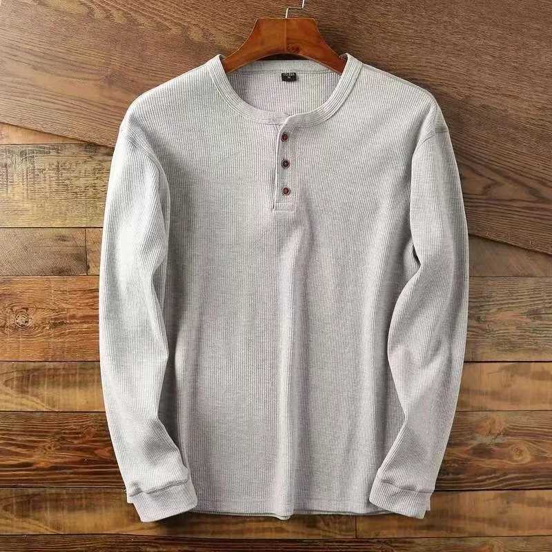 Slim Fit Mens Basic T Casual Tshirts Henley Waffle Long Slve Shirts Thermal Solid Half Button Breathable 100% Cotton ShirtsC241031