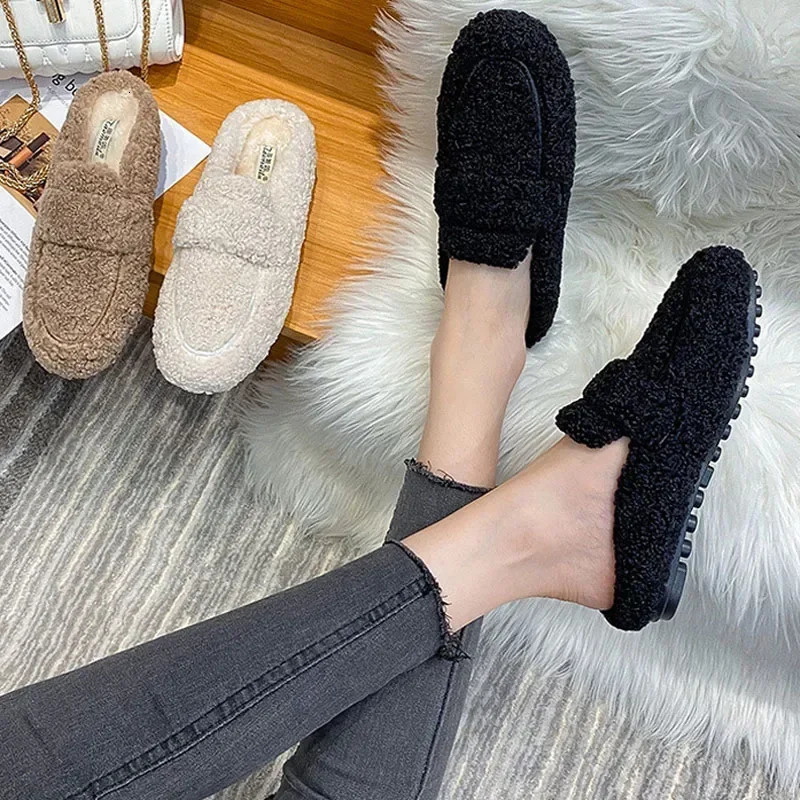 Women Fluffy Slippers Winter Warm Plush Mules One Fur Slippers Cozy Cotton Shoes Cashmere Femme Curly Sheep Flats Half Shoes 241031