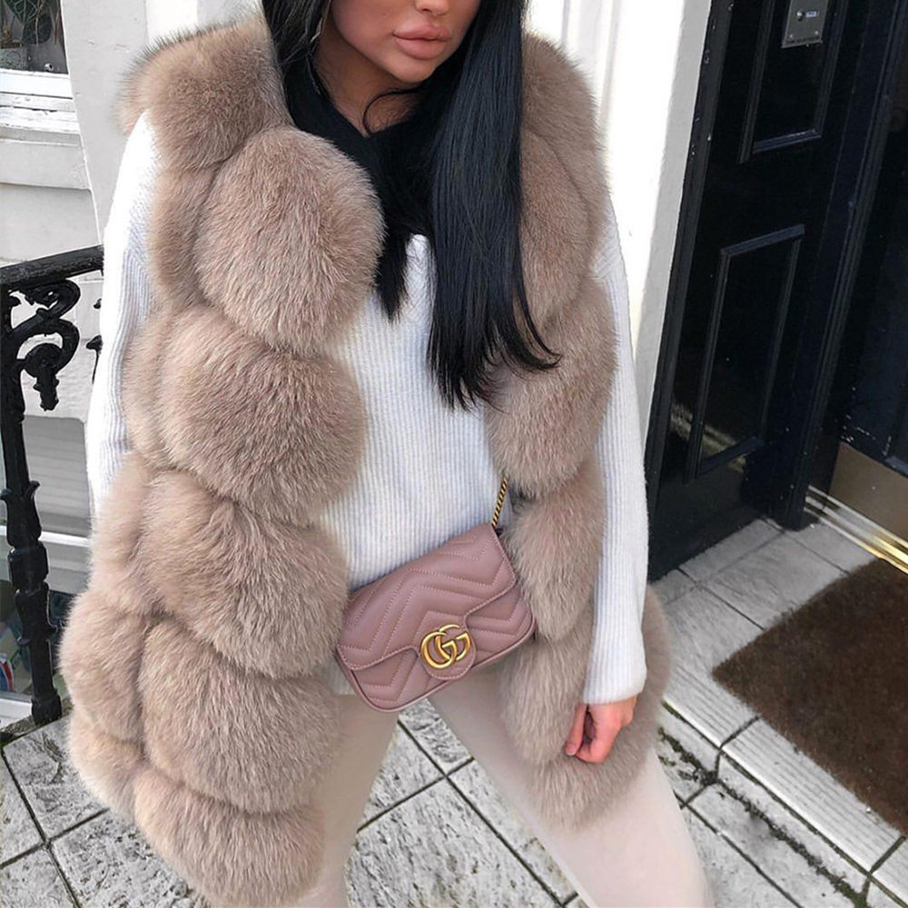 QUEENTINA Winter New Womens Natural Coat Brown Square Pattern Handcrafted Products Sleeveless Real Fox Fur Vest