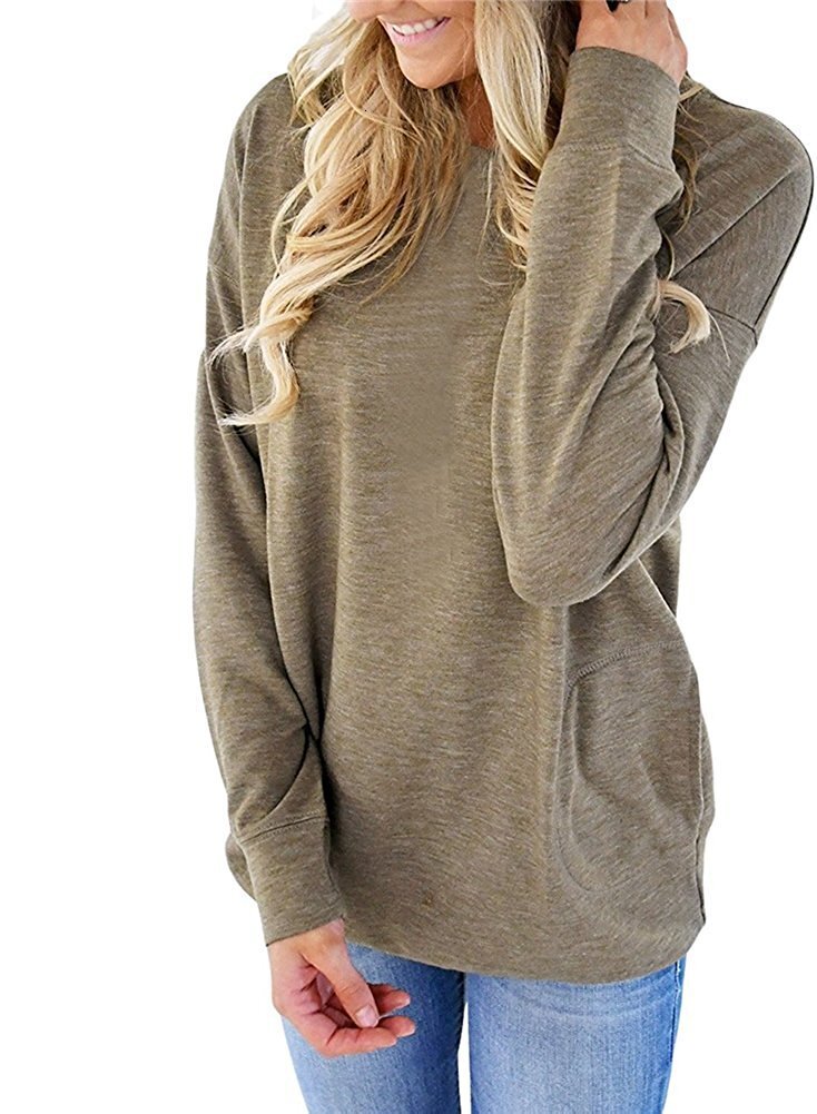Designer's Autumn New Round Neck Bat Long Sleeve Pocket Decorative T-shirt