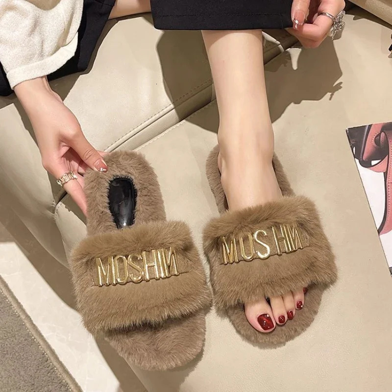 Plush slider womens autumn and winter metal flat cotton slider for warmth Zapatillas slider 241031