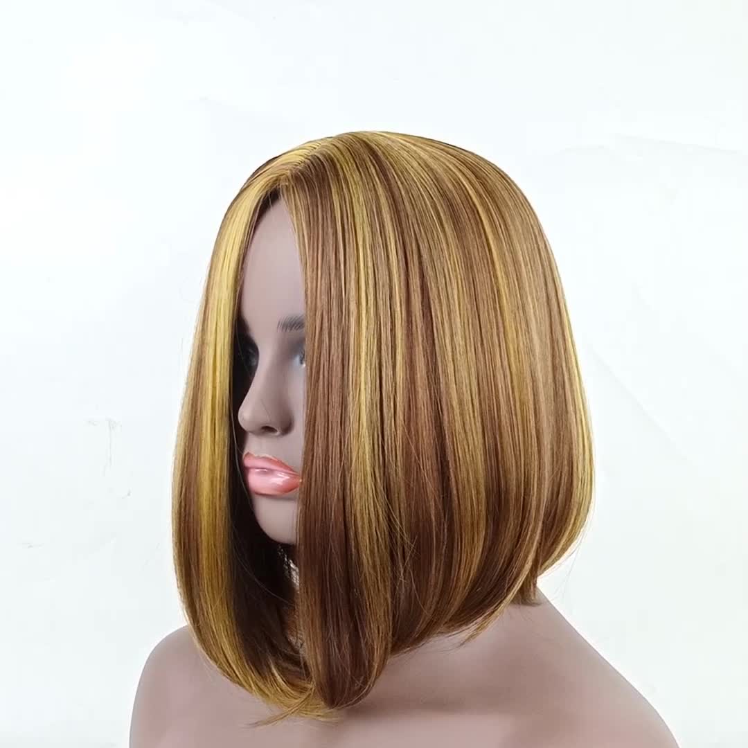 Fashion short hair wig bobo head flax gold dyed short straight hair chemical fiber headpiece