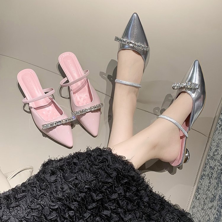 2024 summer new patent leather pink half toe sandals for women wearing pointed shoes on the outside with box