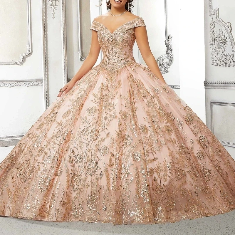 Rose Gold Shiny Ball Gown Quinceanera Dresses Sequin Appliques Lace Beads Tull Off Shoulder Sweet 16 Years Vestidos 15 De XV Anos