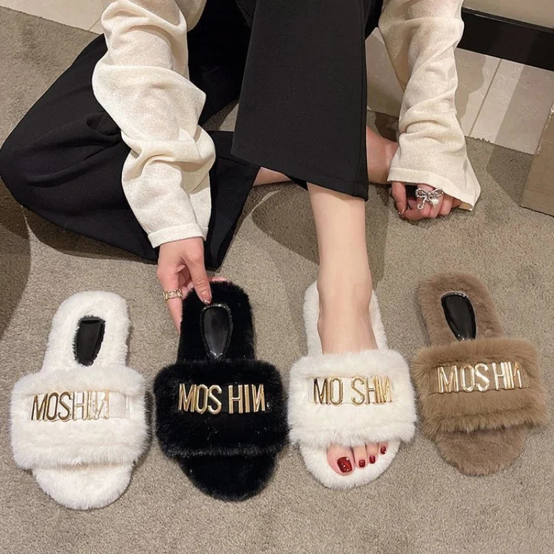 Plush slider womens autumn and winter metal flat cotton slider for warmth Zapatillas slider 241031